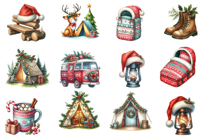 Christmas Camping Clipart PNG Bundle | Watercolor Cozy Holiday Camping Clipart | Festive Winter Camping PNG
