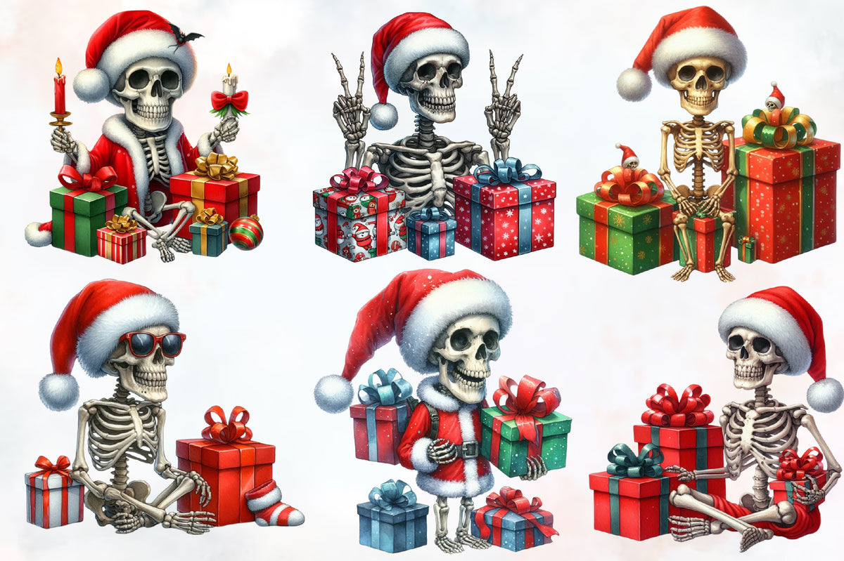 Funny Christmas Skeleton PNG Bundle Watercolor Santa Skeleton Clipart