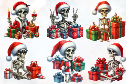 Funny Christmas Skeleton PNG Bundle Watercolor Santa Skeleton Clipart