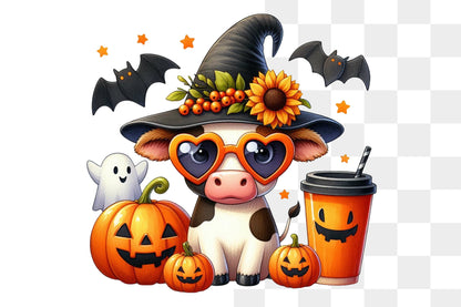 Cute Halloween Cow PNG Witch Hat Pumpkin Coffee Spooky Sublimation