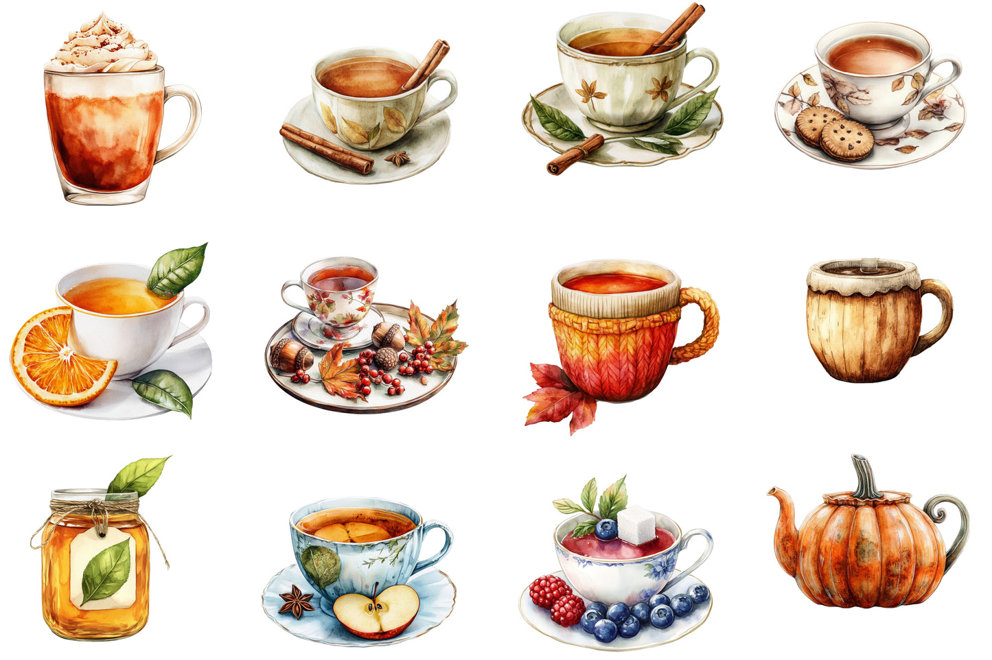 Autumn Tea Party Watercolor Clipart PNG Bundle | Fall Tea Cup Clipart | Cozy Autumn Tea PNG