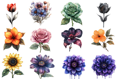 Halloween Flowers Clipart PNG | Gothic Dark Floral PNG, Black Rose Clipart,
