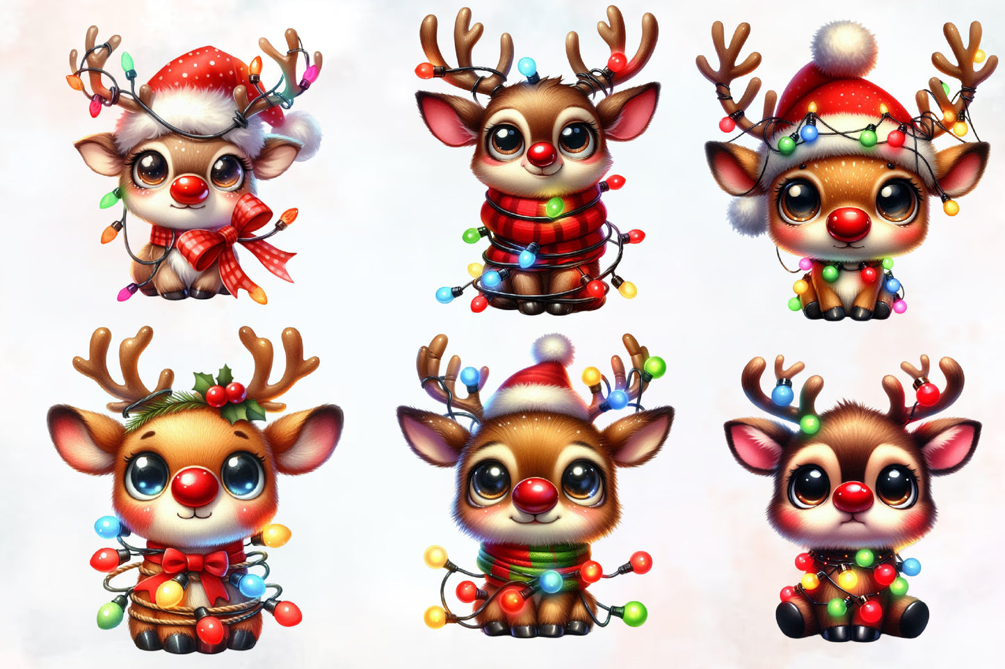 Christmas Funny Reindeer PNG Clipart Bundle | Watercolor Cute Reindeer, Christmas Lights, Red Nose & Holiday Deer Designs