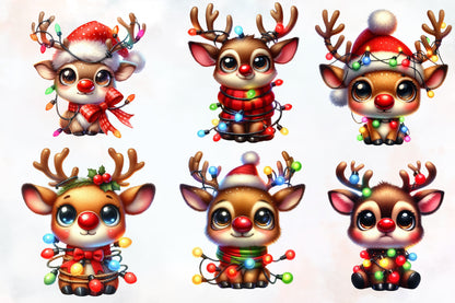 Christmas Funny Reindeer PNG Clipart Bundle | Watercolor Cute Reindeer, Christmas Lights, Red Nose & Holiday Deer Designs