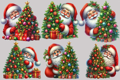 Watercolor Christmas Tree Santa Claus Clipart PNG Bundle | Festive Christmas Tree & Santa Designs