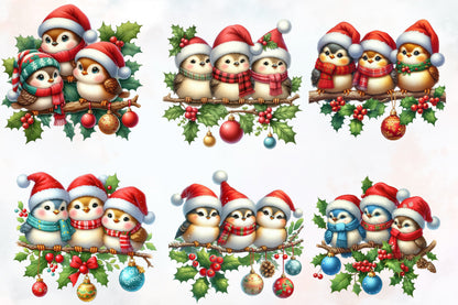 Christmas Birds Clipart PNG Bundle | Cute Watercolor Christmas Bird, Santa Hat Bird, Winter Bird & Holly Berry Designs