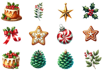 Christmas Elements Clipart PNG Bundle | Watercolor Holiday Christmas Elements | Festive Sublimation PNG