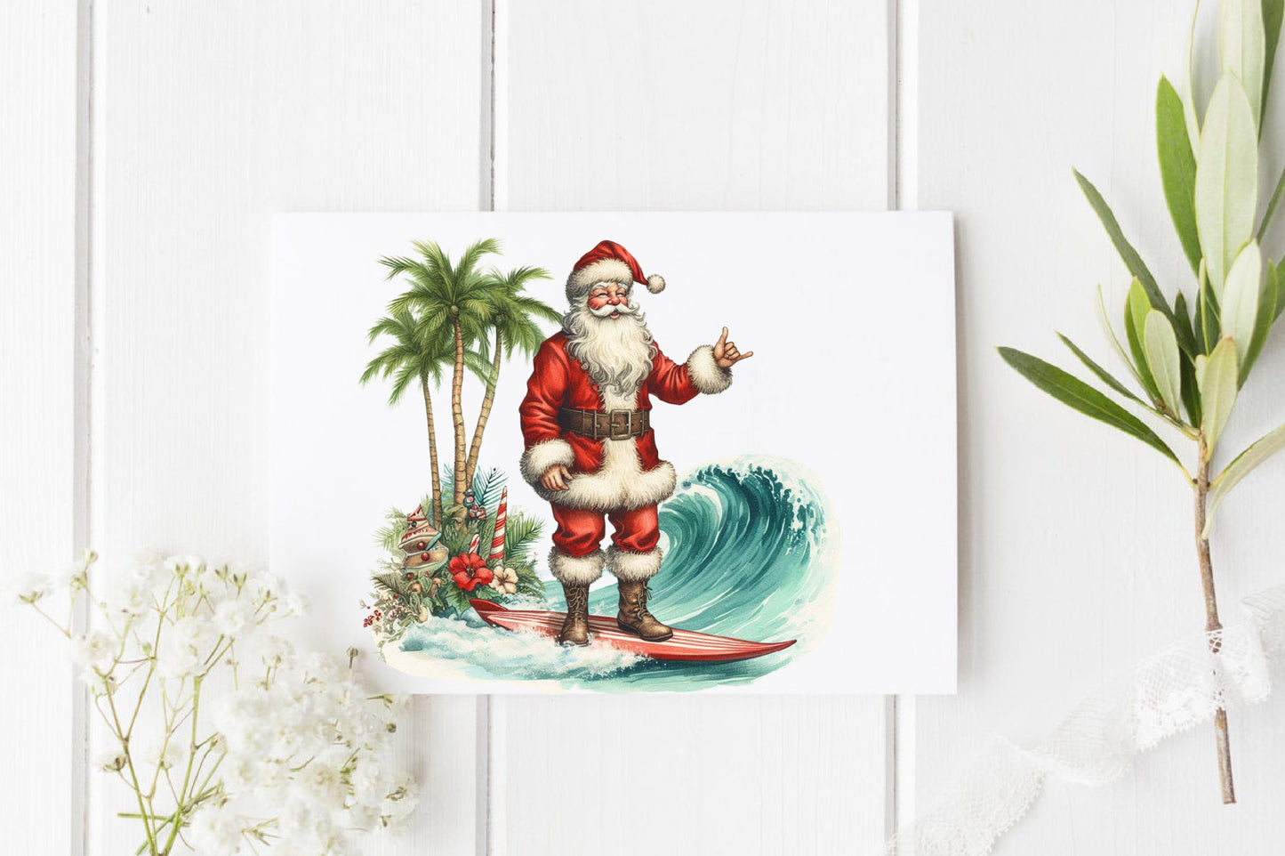 Christmas Santa Surfboard PNG Bundle | Watercolor Santa Surfing, Beach Santa & Tropical Christmas Clipart
