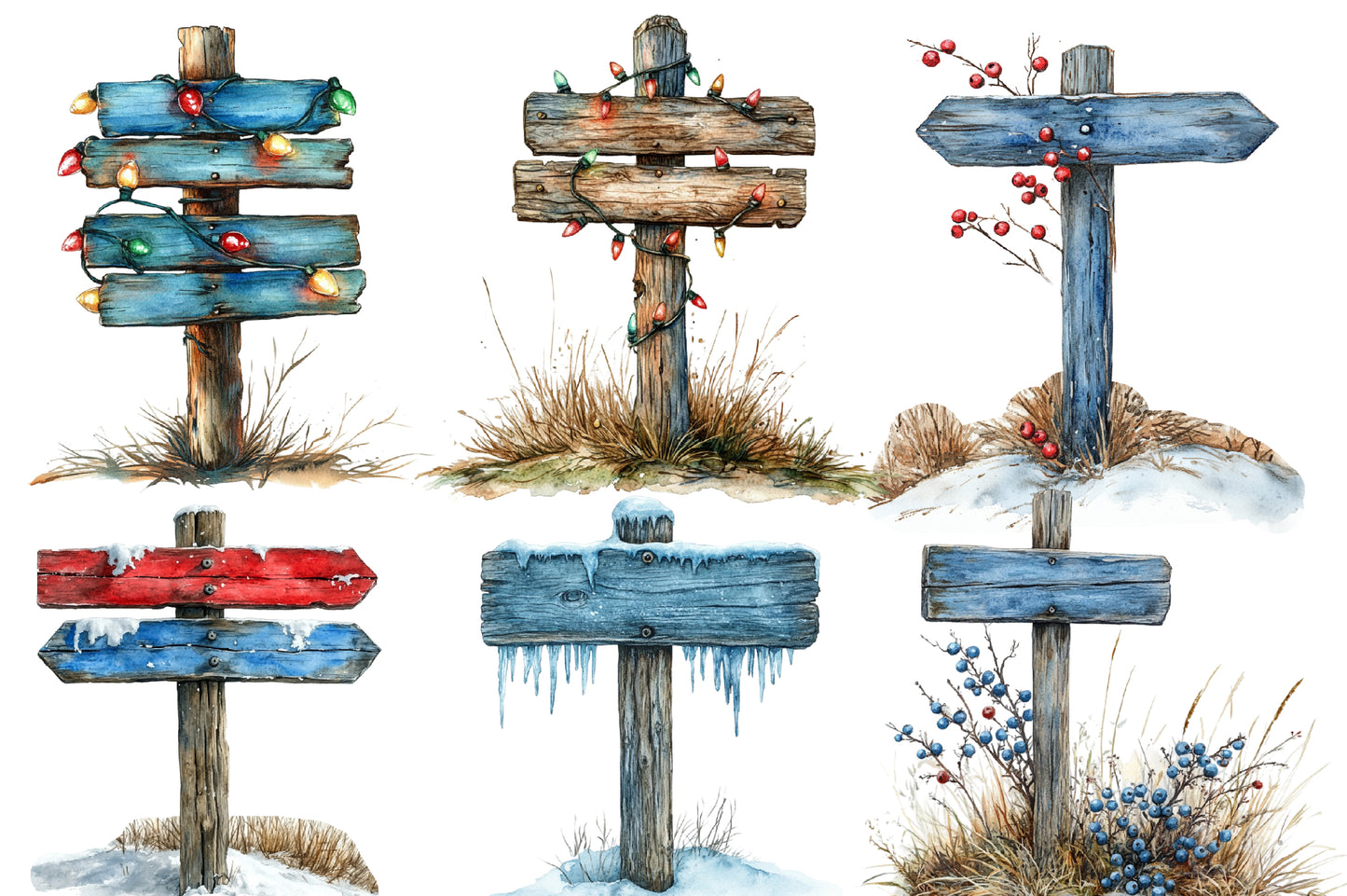 Christmas Signpost Clipart PNG Bundle | Watercolor Festive Christmas Signpost Clipart | Holiday Direction Sign Sublimation PNG