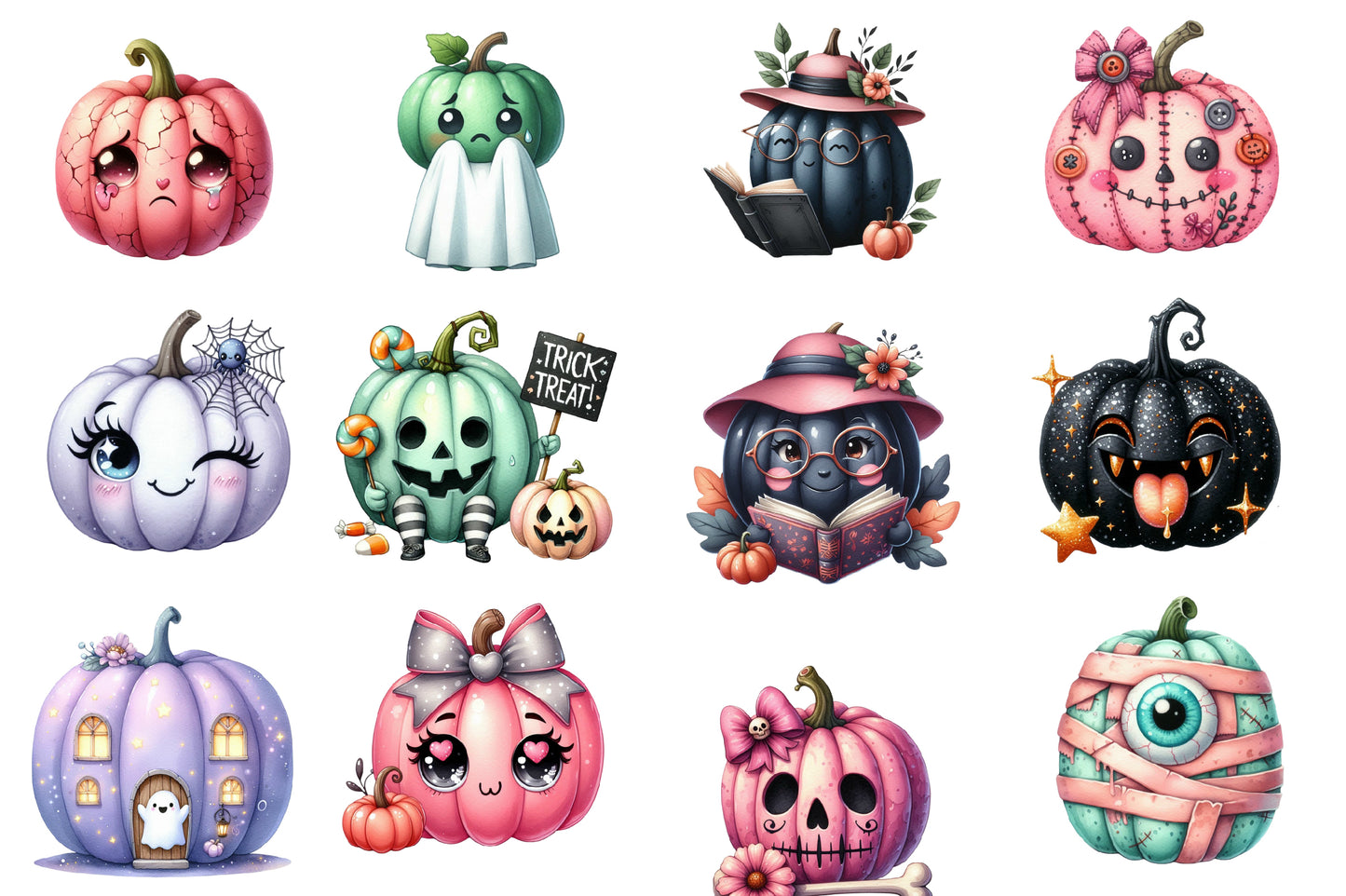Halloween Pumpkin Clipart PNG Bundle | Cute Halloween Pumpkin Watercolor Clipart | Kawaii Pumpkin Sublimation PNG