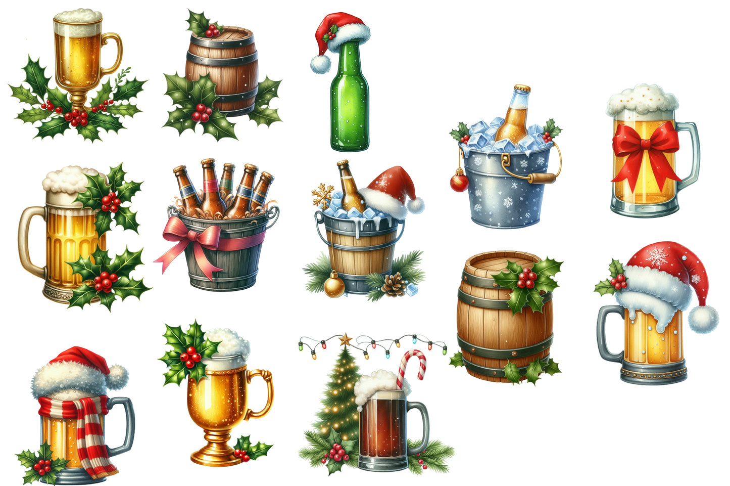 Christmas Beer Sublimation Bundle PNG | Watercolor Festive Beer Clipart | Funny Holiday Beer Designs