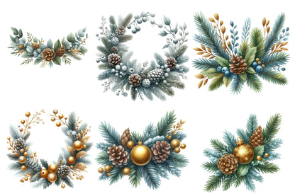 Christmas Garland Clipart Bundle PNG | Watercolor Festive Christmas Garland Clipart | Holiday Greenery Sublimation PNG