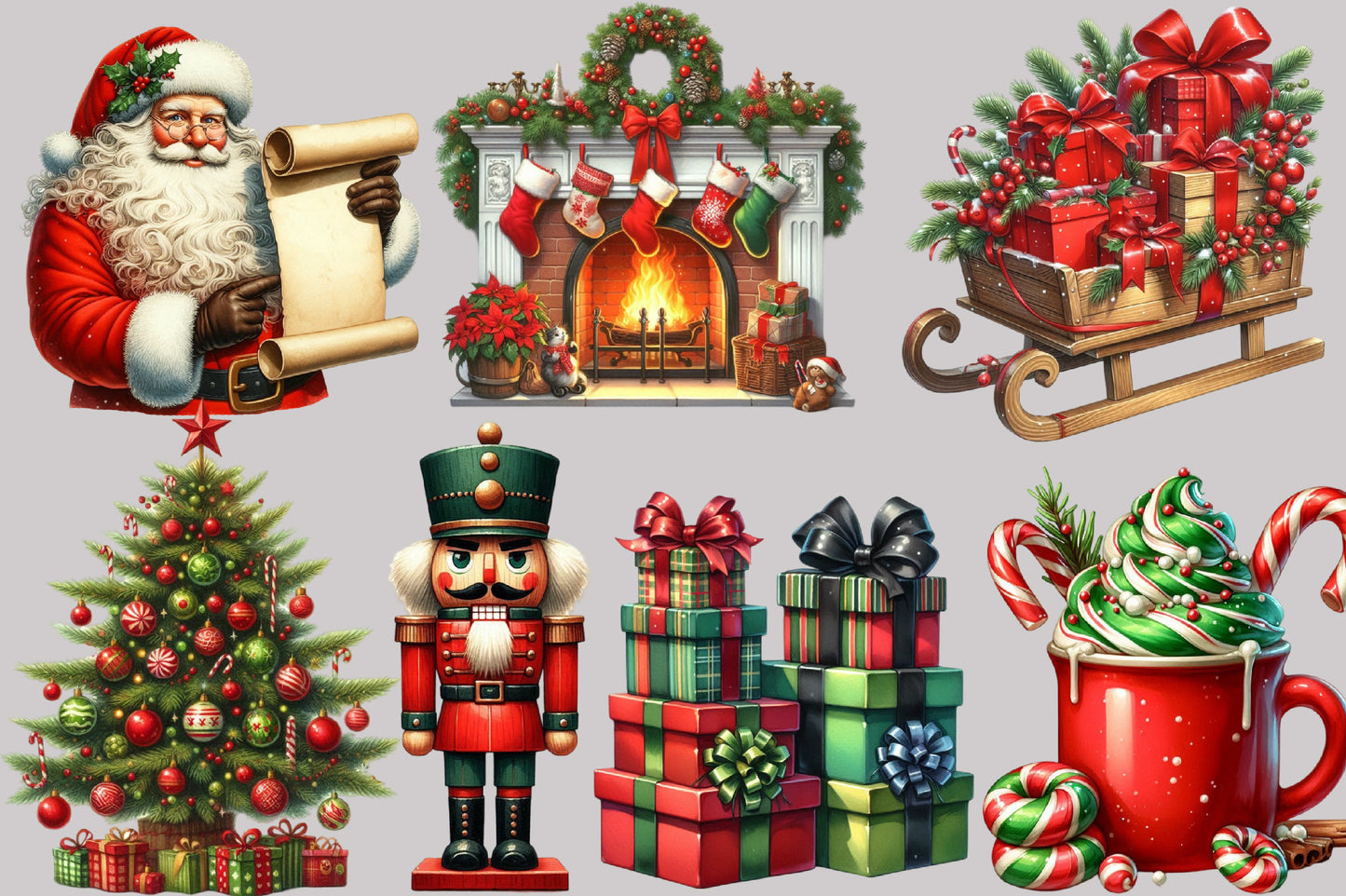 Christmas Clipart PNG Bundle | Santa Claus, Reindeer, Gifts, Stockings, Christmas Tree & Holiday Designs