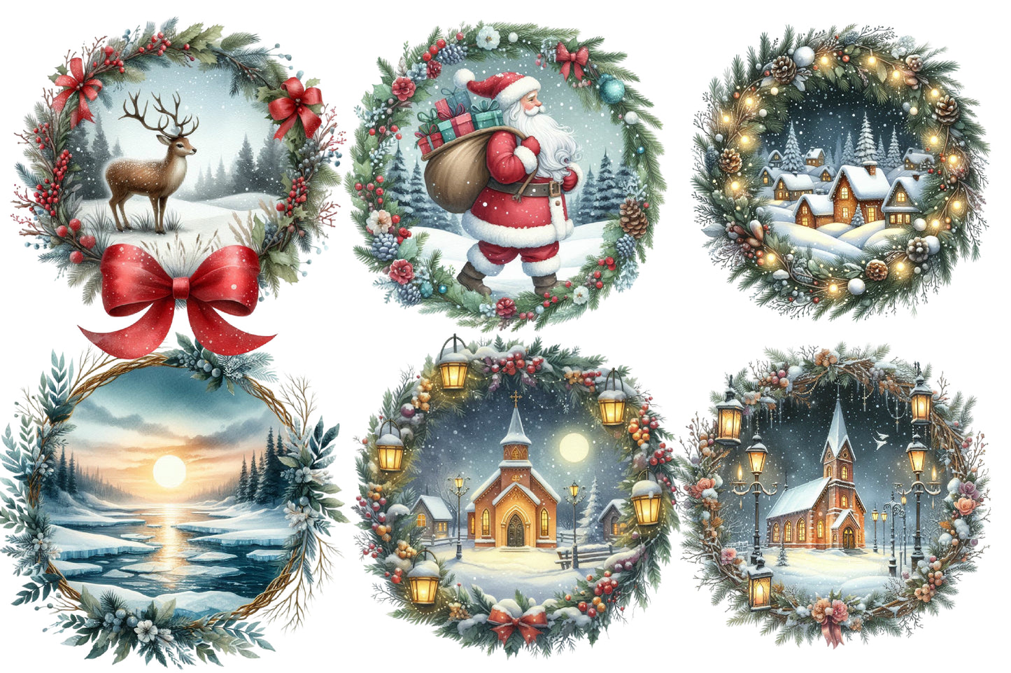 Christmas Winter Scenes PNG Bundle | Watercolor Snowy Christmas Landscape Clipart | Cozy Holiday Winter PNG