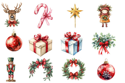 Classic Christmas Clipart PNG Bundle | Santa, Reindeer, Christmas Tree, Ornaments, Train, Nutcracker & Cozy Holiday Decor