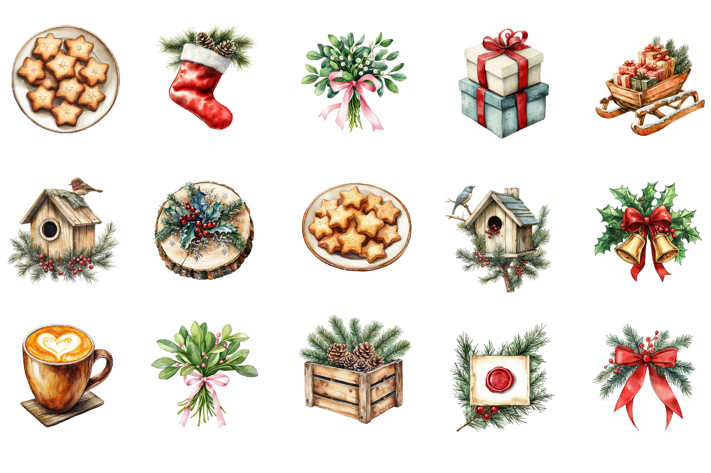 Winter Christmas Clipart PNG Bundle | Snowy Christmas Village, Trees, Barn, Santa, Nutcracker, Gifts & Winter Decor