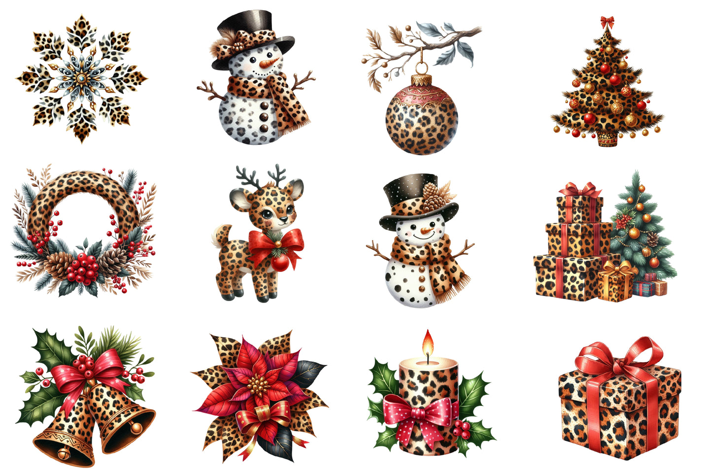 Leopard Christmas Watercolor Clipart PNG Bundle | Leopard Print Christmas Clipart | Wild Animal Print Holiday Sublimation PNG