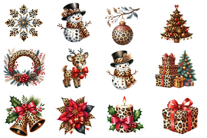 Leopard Christmas Watercolor Clipart PNG Bundle | Leopard Print Christmas Clipart | Wild Animal Print Holiday Sublimation PNG