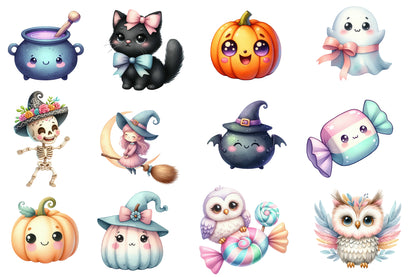 Pastel Halloween Clipart PNG Bundle | Cute Cat, Owl, Ghost, Witch & Pumpkin