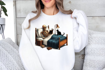 Halloween Skeleton Reading PNG Funny Skeleton with Black Cat Clipart