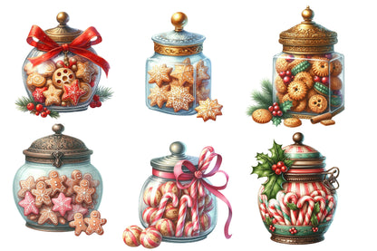 Christmas Cookie Jars Clipart PNG Bundle | Watercolor Festive Cookie Jar Clipart | Holiday Kitchen Sublimation PNG