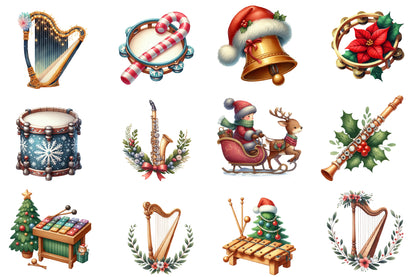 Christmas Music Clipart PNG Bundle | Watercolor Festive Christmas Music Clipart | Holiday Musical Sublimation PNG
