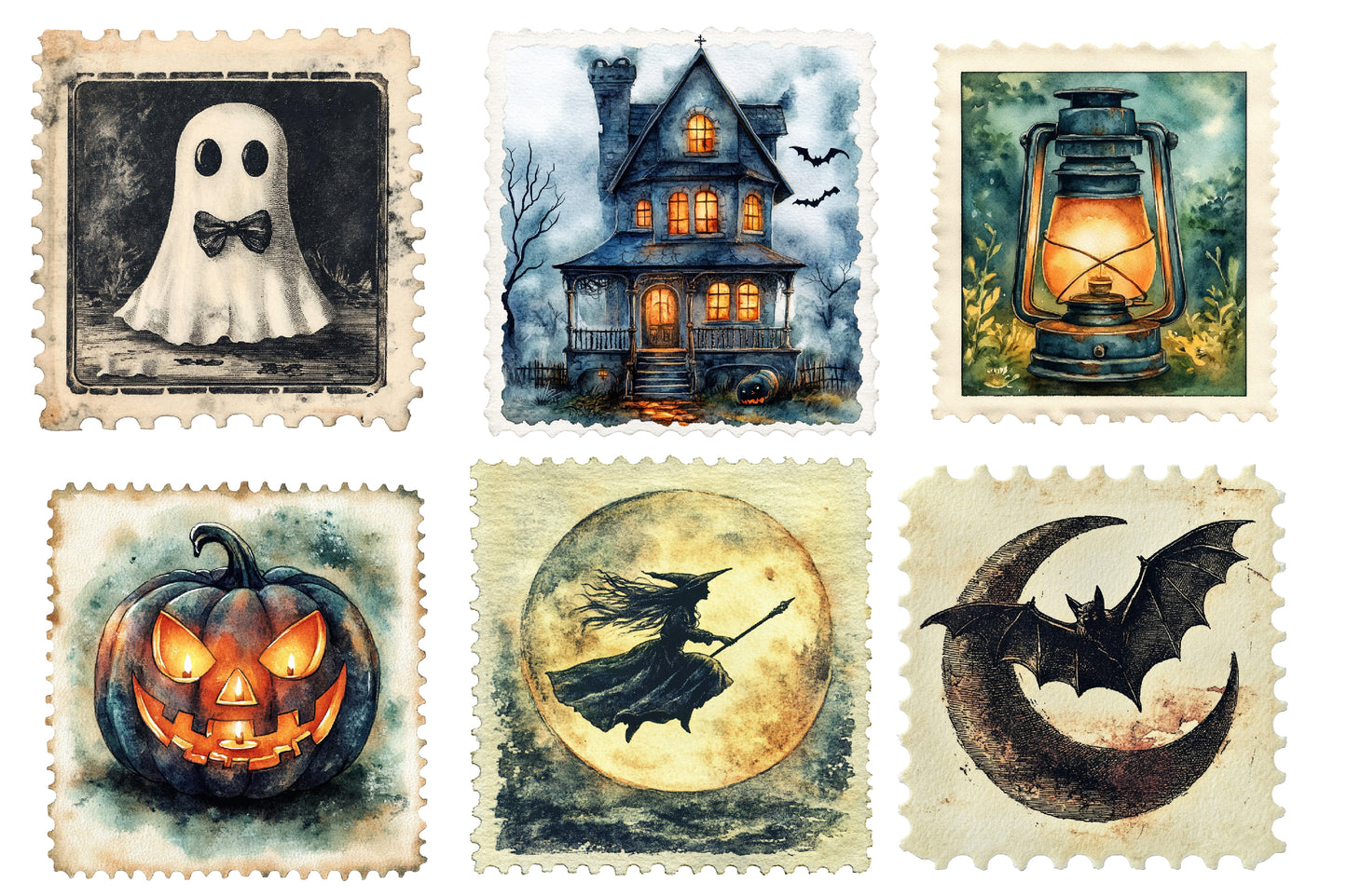 Halloween Postage Stamp Clipart PNG | Vintage Spooky Postage Stamps, Gothic Halloween Ephemera