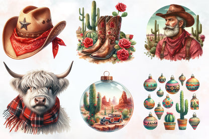 21 Christmas Western Sublimation PNG Clipart Bundle Cowboy Santa
