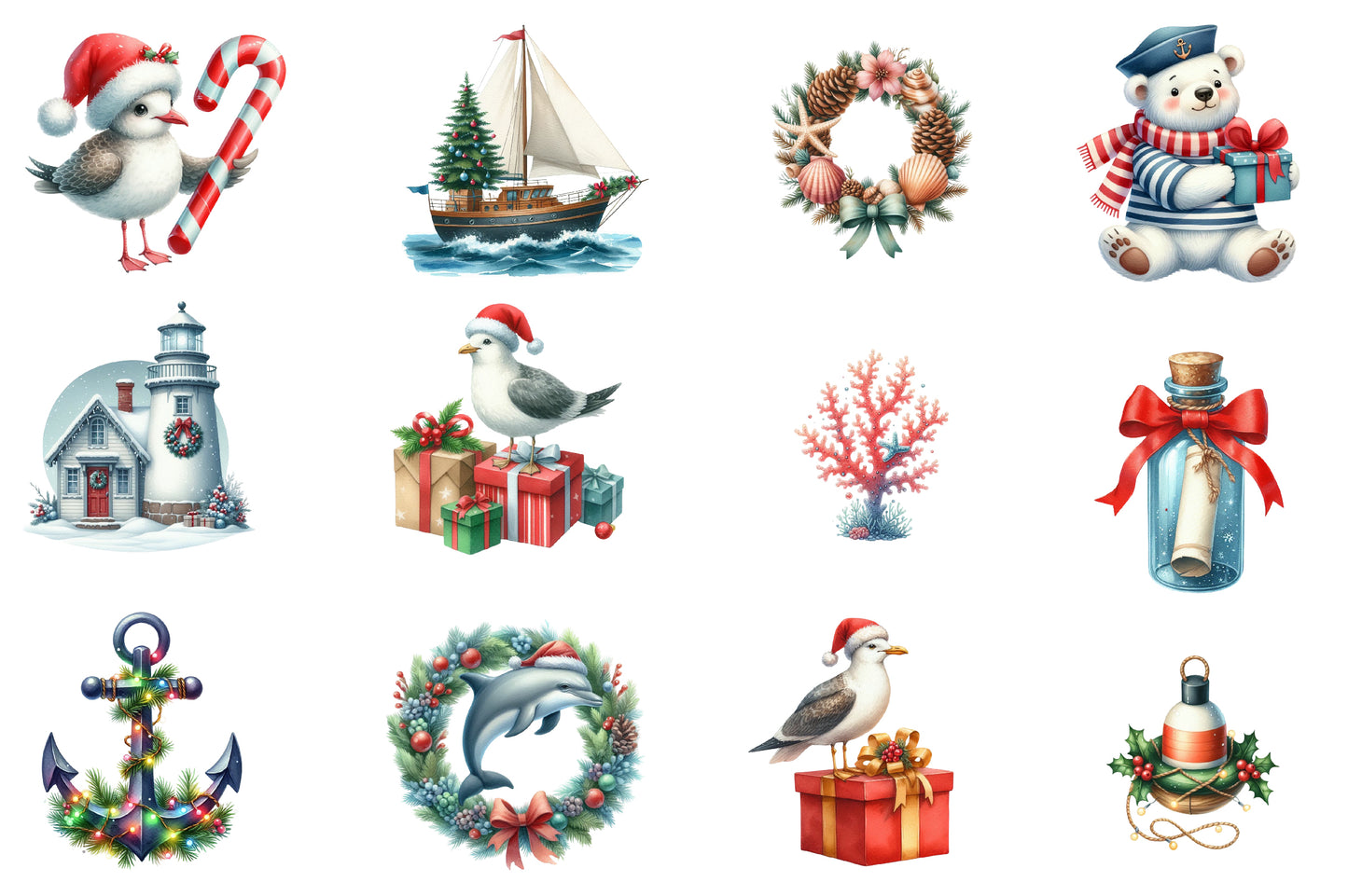 Maritime Christmas Clipart PNG Bundle | Nautical Christmas Watercolor Clipart | Coastal Holiday Sublimation PNG