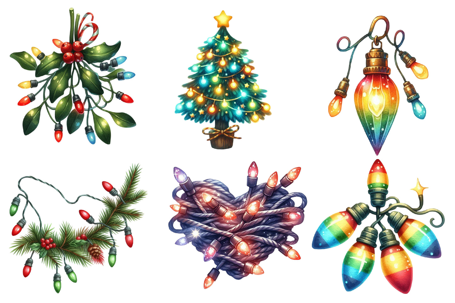 Christmas Lights Clipart PNG Bundle | Christmas Light Bulbs Watercolor Clipart | Holiday Lights Sublimation PNG