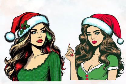 8 Christmas Pop Art Girls PNG Sublimation Bundle Retro Santa Women