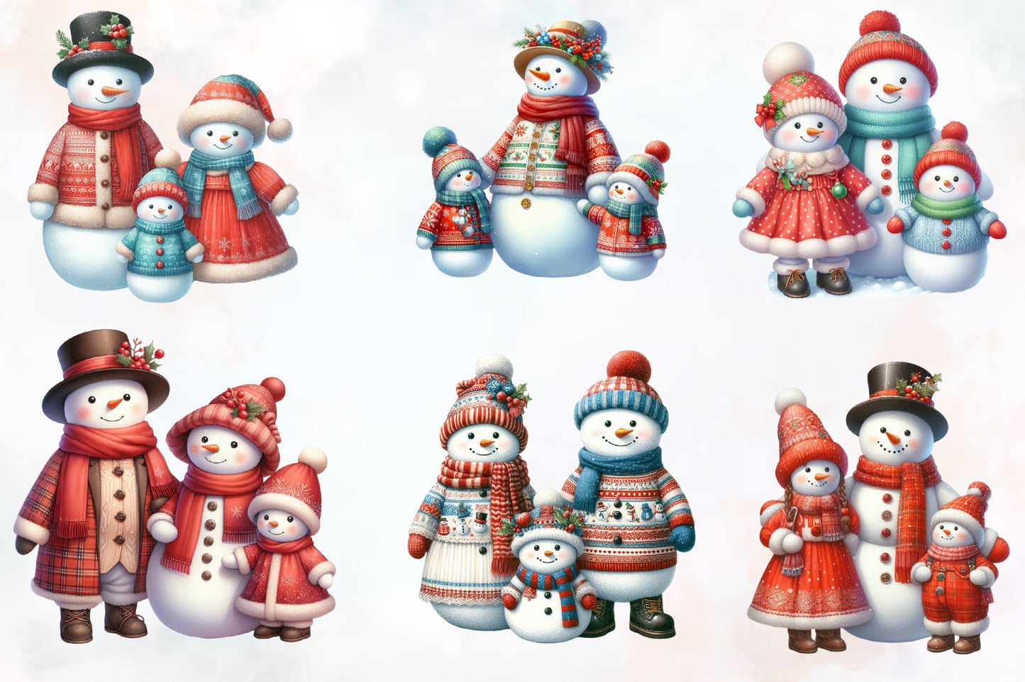 Watercolor Christmas Snowman Family Clipart PNG Bundle | Cute Snowman Winter Holiday Designs