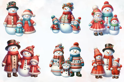 Watercolor Christmas Snowman Family Clipart PNG Bundle | Cute Snowman Winter Holiday Designs