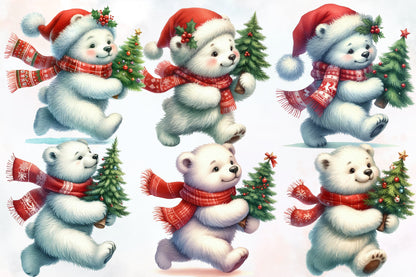 Watercolor Christmas Polar Bear Clipart PNG Bundle | Cute Polar Bear Christmas Tree