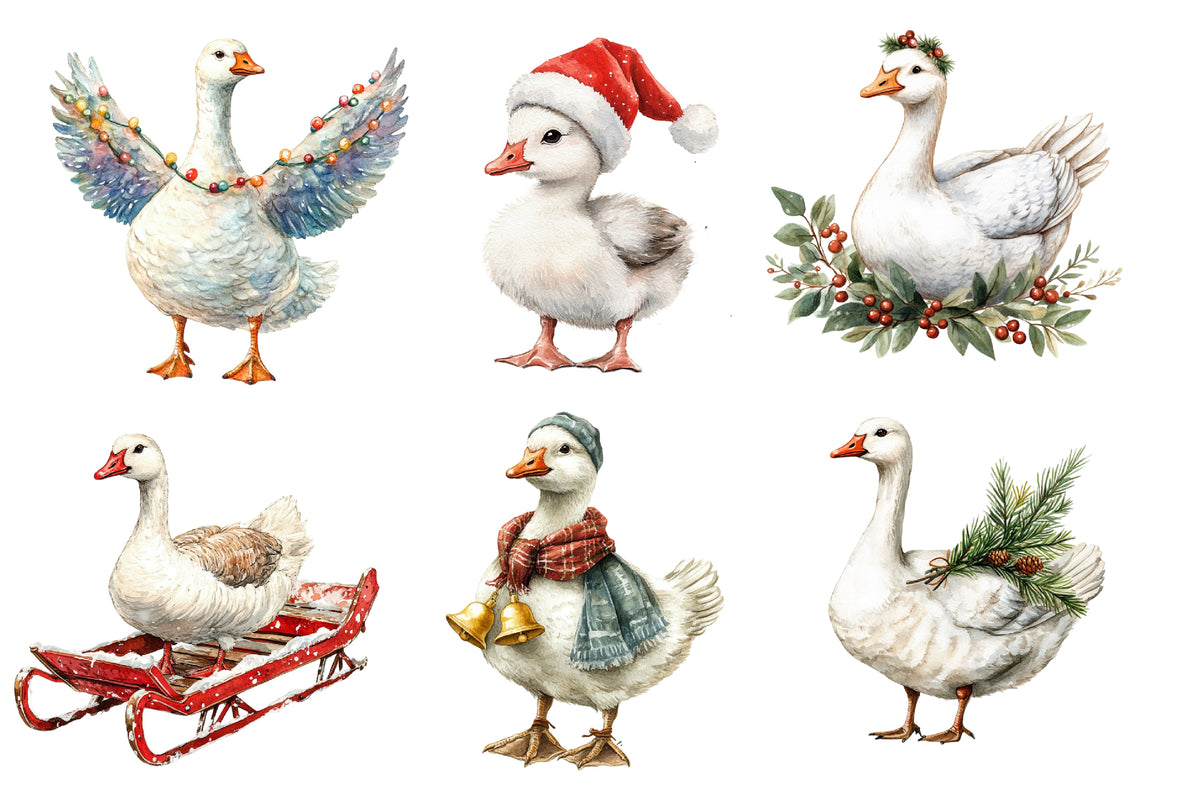 Christmas Silly Goose PNG Clipart Bundle | Cute Funny Christmas Goose Clipart | Watercolor Holiday Goose Sublimation PNG