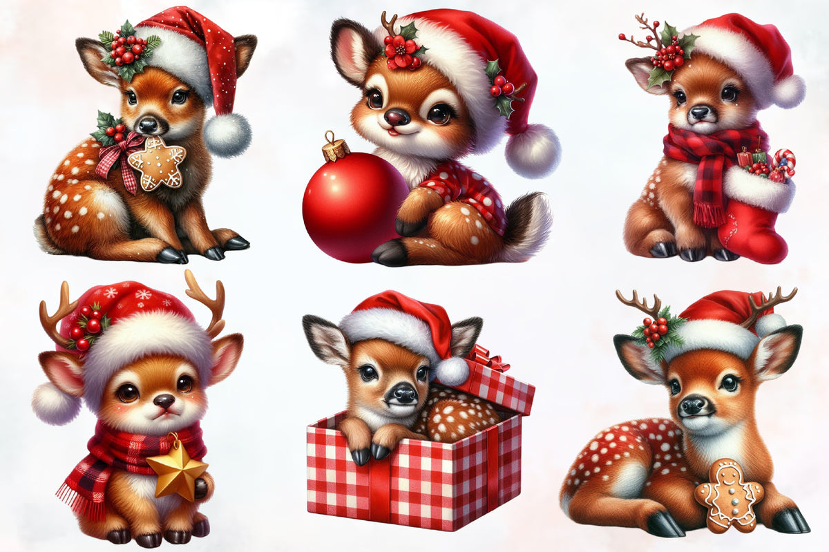 Funny Christmas Deer PNG Bundle Watercolor Reindeer Holiday Clipart