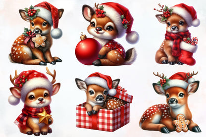 Funny Christmas Deer PNG Bundle Watercolor Reindeer Holiday Clipart