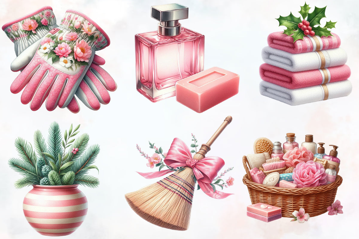 19 Christmas Cleaning Day PNG Clipart Bundle Watercolor Pink Holiday Cleaning