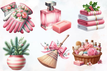 19 Christmas Cleaning Day PNG Clipart Bundle Watercolor Pink Holiday Cleaning