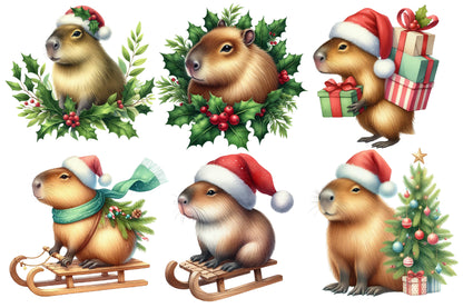 Christmas Capybara Clipart PNG Bundle | Watercolor Cute Christmas Capybara Clipart | Holiday Capybara Sublimation PNG