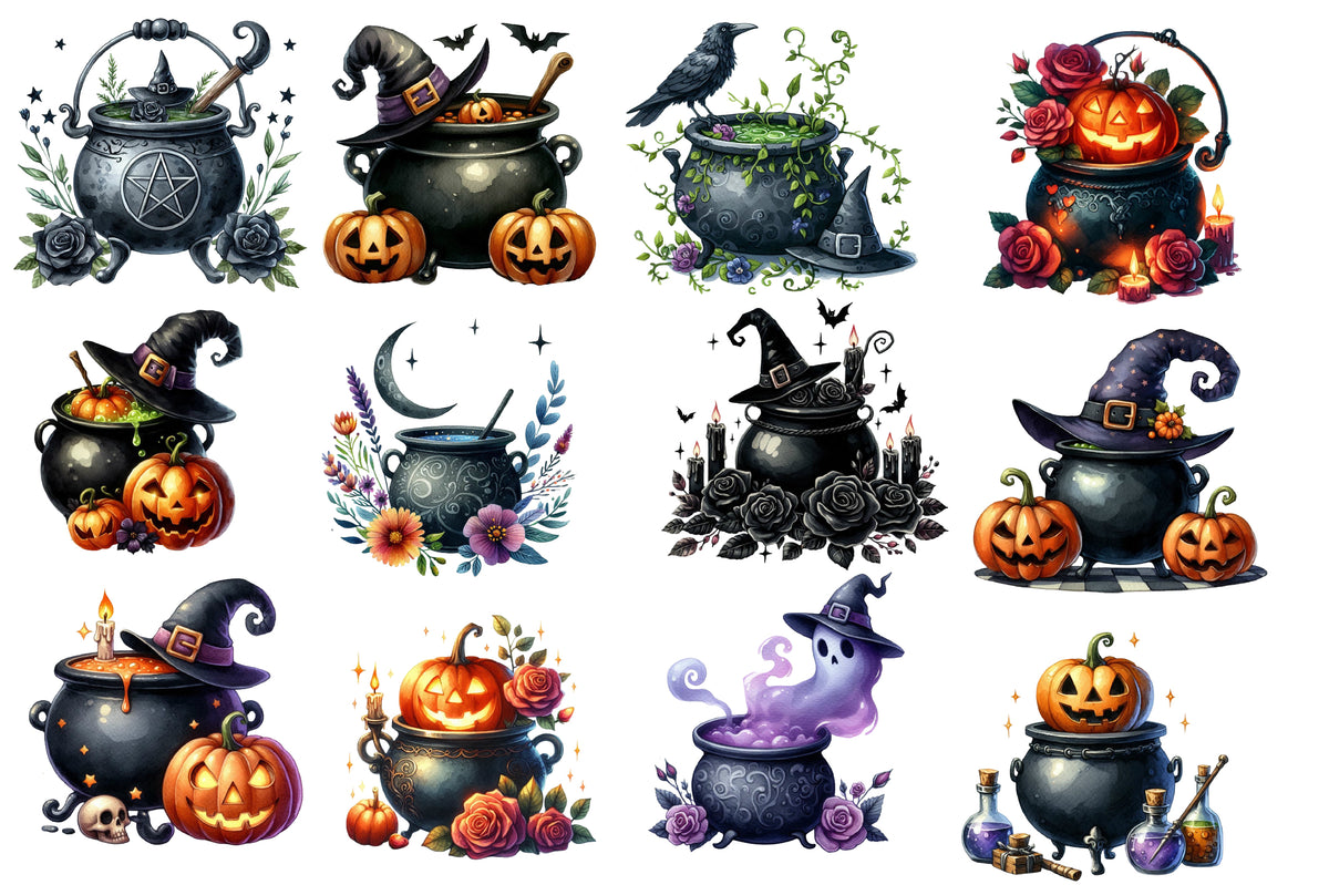 Halloween Cauldron PNG Bundle | Witch Cauldron Clipart, Black Magic Potion, Pumpkin, Rose & Raven,