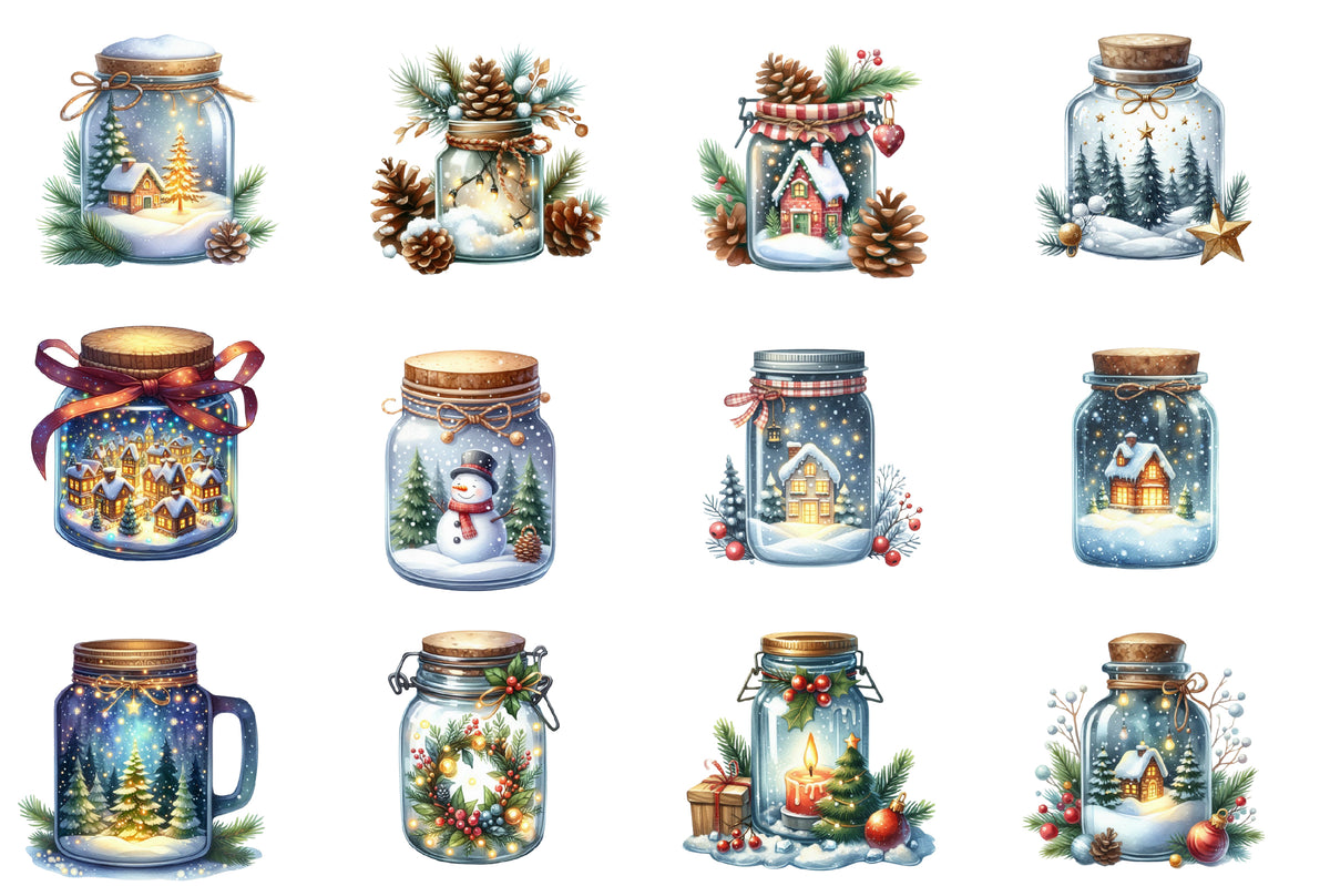 Christmas Mason Jars Clipart PNG Bundle | Watercolor Festive Mason Jar Clipart | Holiday Farmhouse Sublimation PNG