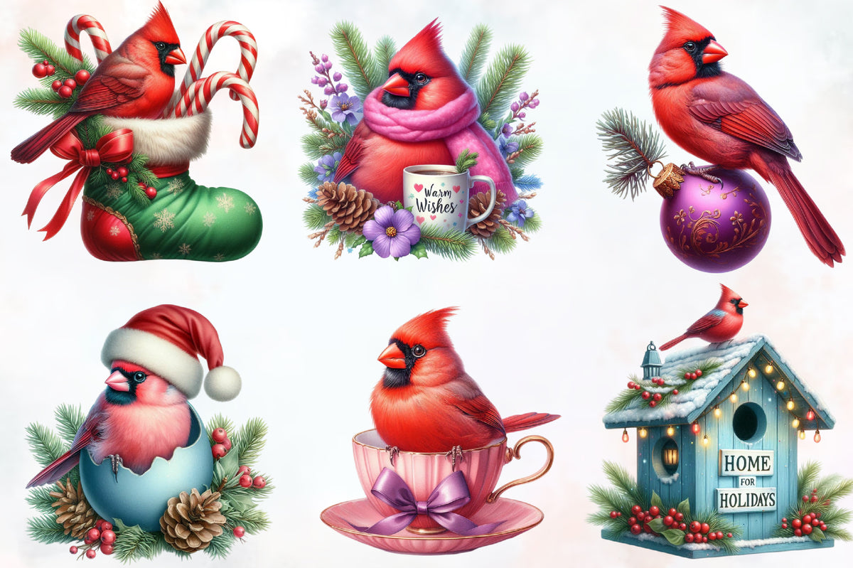 20 Christmas Cardinal Bird PNG Clipart Bundle Watercolor Holiday Red Bird
