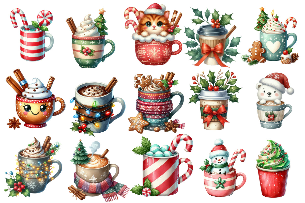 Christmas Coffee Clipart PNG Bundle | Cute Christmas Mugs, Hot Cocoa, Cats, Snowman, Reindeer, Gingerbread, Candy Cane & Holiday Drinks