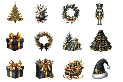 Luxury Black Christmas Watercolor Clipart PNG Bundle | Black Gold Christmas Clipart | Elegant Luxury Holiday Sublimation PNG