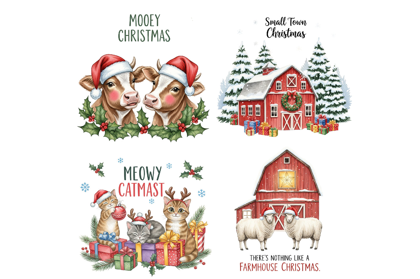Christmas Farmhouse Watercolor Clipart PNG Bundle | Country Christmas Clipart | Farmhouse Holiday Sublimation