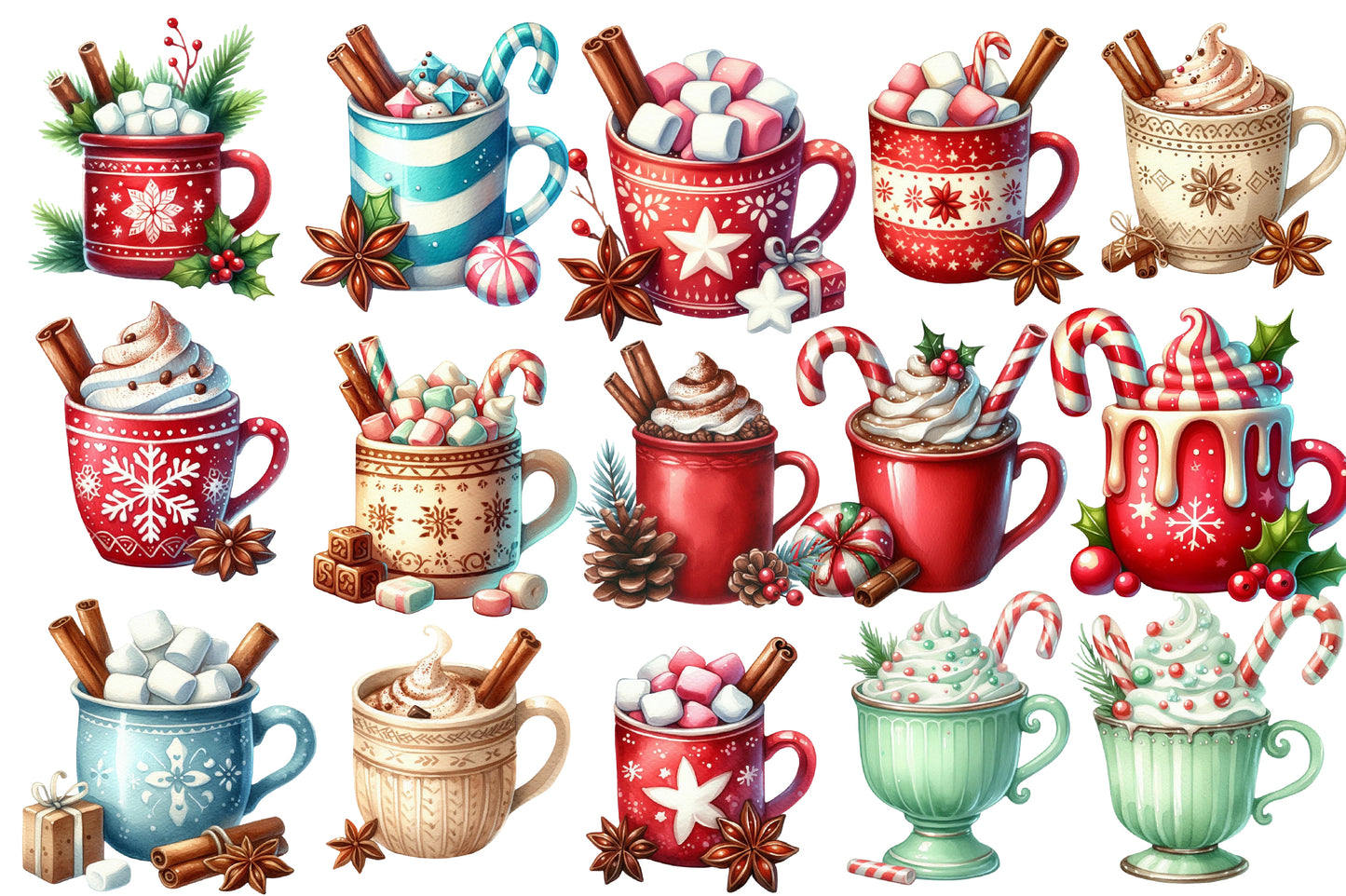 Christmas Hot Chocolate Watercolor Clipart PNG Bundle | Cozy Holiday Cocoa Clipart | Christmas Mug Sublimation PNG