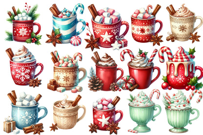 Christmas Hot Chocolate Watercolor Clipart PNG Bundle | Cozy Holiday Cocoa Clipart | Christmas Mug Sublimation PNG