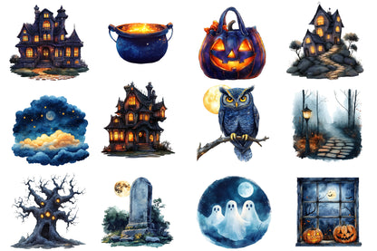 Halloween Night Clipart PNG | Spooky Night PNG, Halloween Moon Clipart, Owl & Haunted House PNG,