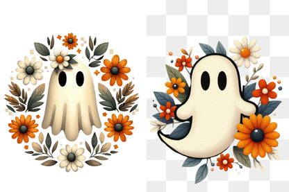 Cute Ghost Flower Halloween PNG Autumn Floral Sublimation Design